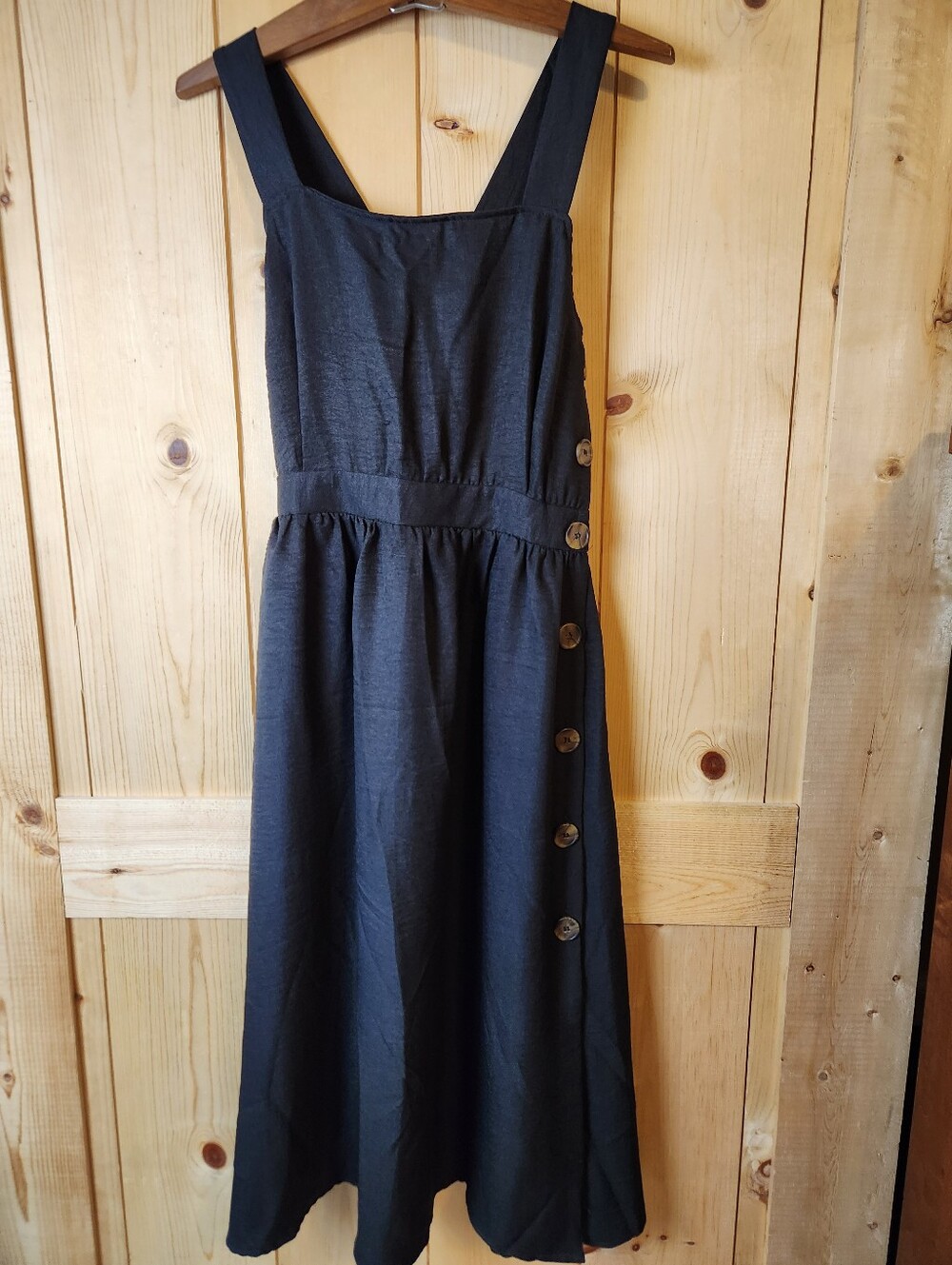 If She Loves LA Black Square Neck Side Button Apron Pinafore Dress NWT